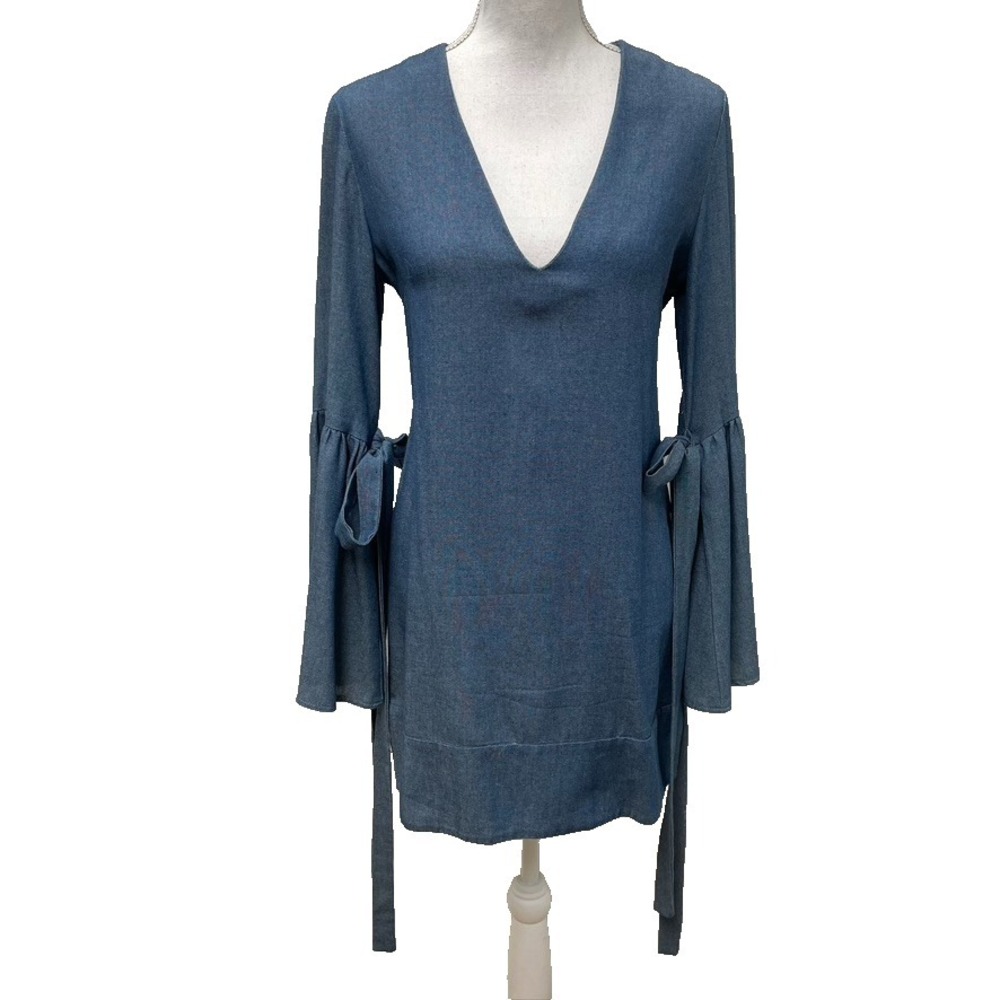Pfeiffer The Label Chambray Denim Dress Womens XS Bell Sleeve Romantic Fairy